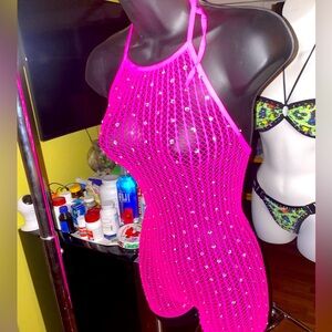One piece pink rhinestone fishnet romper exotic dancer club rave wear